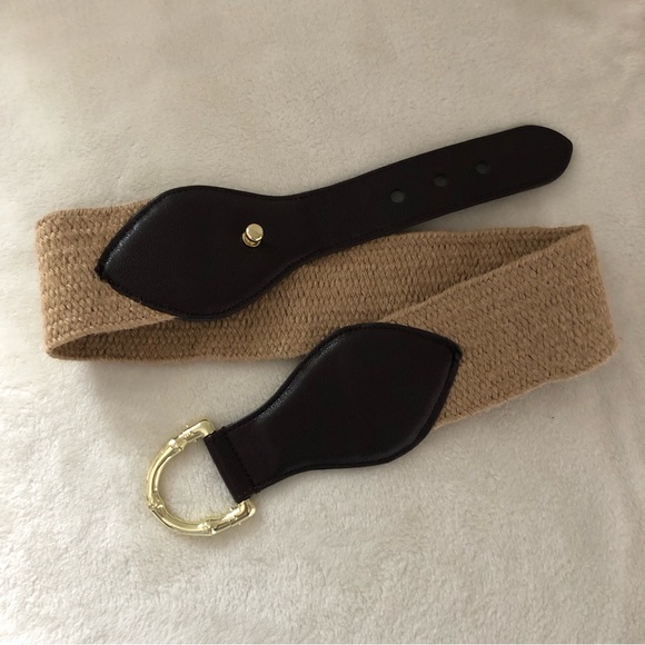 Talbots Wide Jute & Cow Leather Belt - Gold-tone Bamboo Design Buckle - small - Picture 1 of 12